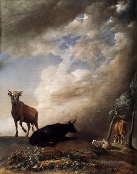 牛 雄牛 Painting - 暗い空にヨーロッパの雄牛